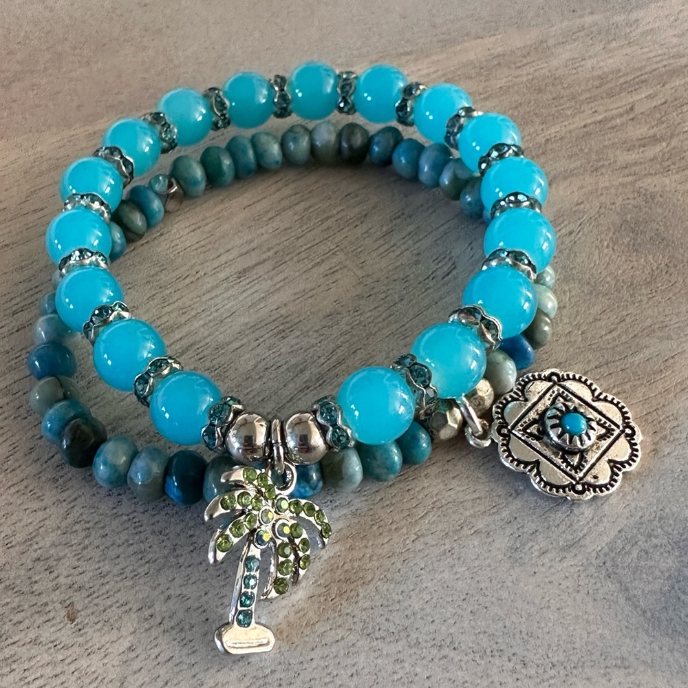 Two piece turquoise beaded bracelet set, Palm and Desert Flower
